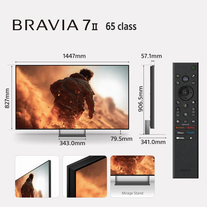 Sony BRAVIA 7II 65 class TV with dimensions and remote control on a white background