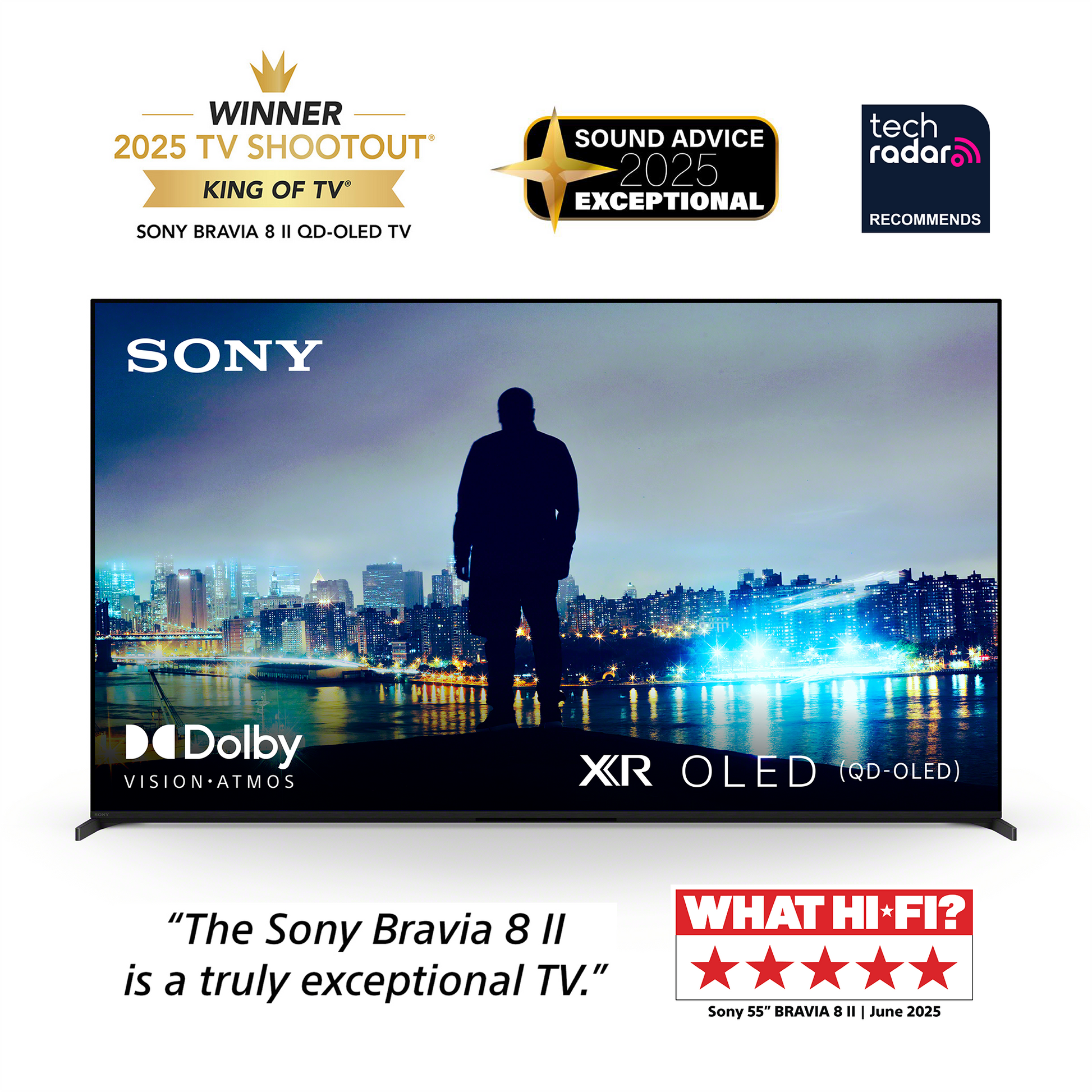 Sony TV with awards and accolades on a white background