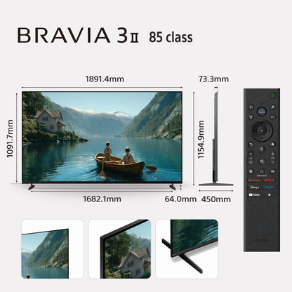 Sony BRAVIA 3II 85 class TV with dimensions and remote control on a white background