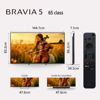 سوني | BRAVIA 5 | ‏65 بوصة | ‏XR Processor | ‏Mini LED | ‏4K بوضوح عالٍ فائق | نطاق ديناميكي عالٍ (HDR) | تلفزيون ذكي (Google TV)