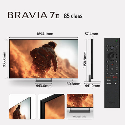Sony BRAVIA 7II 85 class TV with dimensions and remote control on a white background