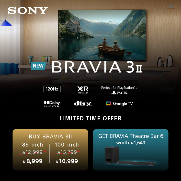 Sony BRAVIA 3 II TV advertisement in Arabic, showing a large 85-inch and 100-inch BRAVIA 3 II TVs mounted on a wall in a modern living room. The image features product specifications, compatibility with PlayStation 5, Dolby Vision, DTS X, and Google TV, along with promotional pricing and bundle offers for a soundbar.