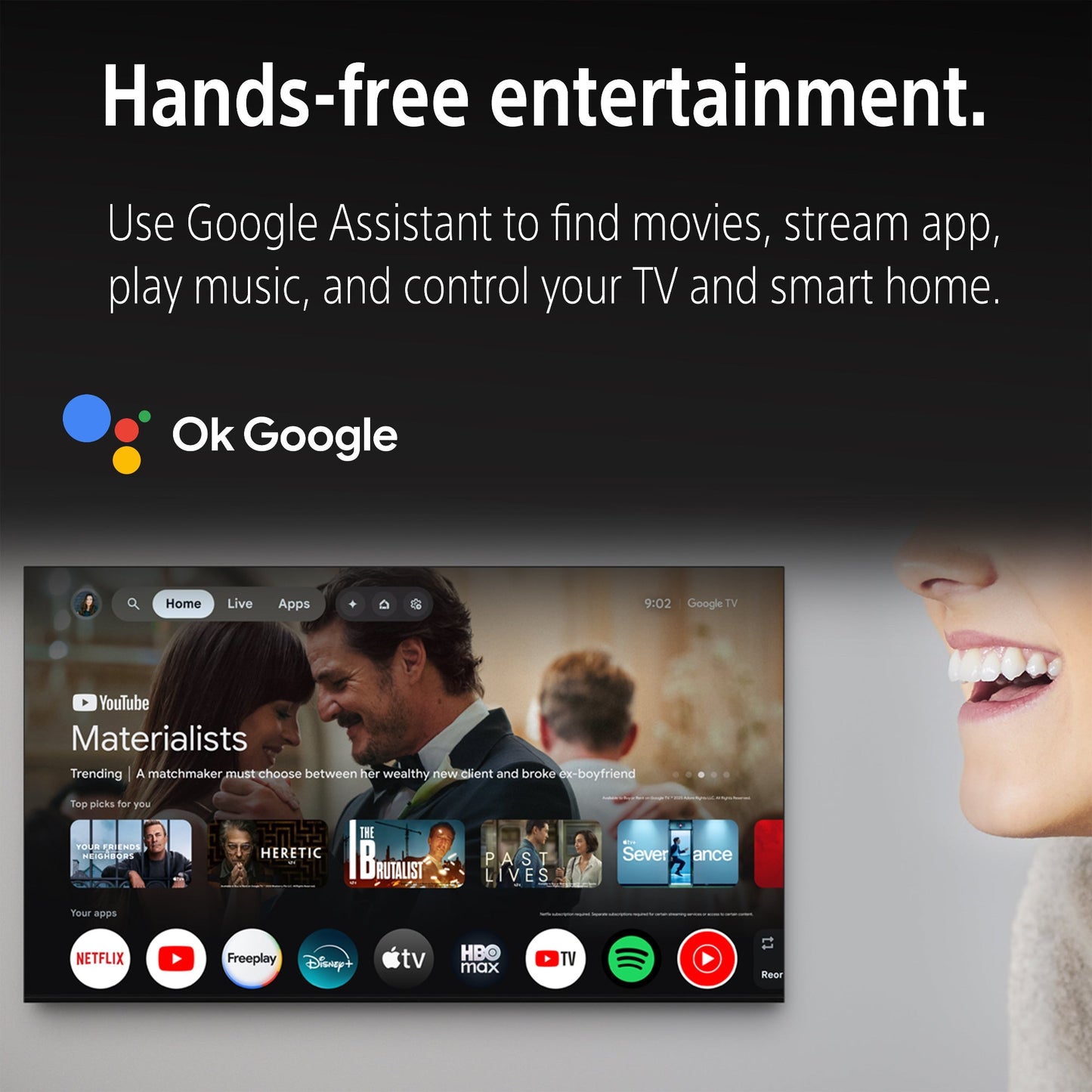 Promotional graphic for the Ok Google hands-free entertainment smart home device. The top half is dark gray with white text explaining that the device allows hands-free entertainment via Google Assistant, including Netflix, YouTube, Spotify, and TV control.