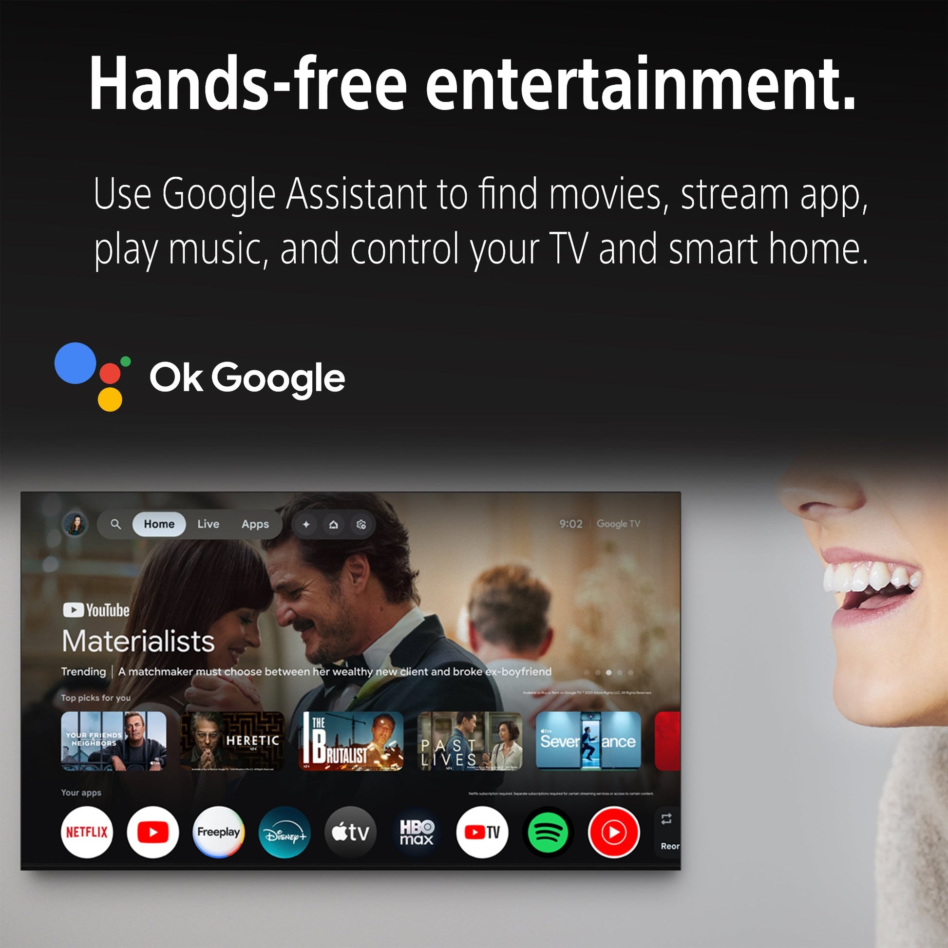 Promotional graphic for the Ok Google hands-free entertainment smart home device. The top half is dark gray with white text explaining that the device allows hands-free entertainment via Google Assistant, including Netflix, YouTube, Spotify, and TV control.
