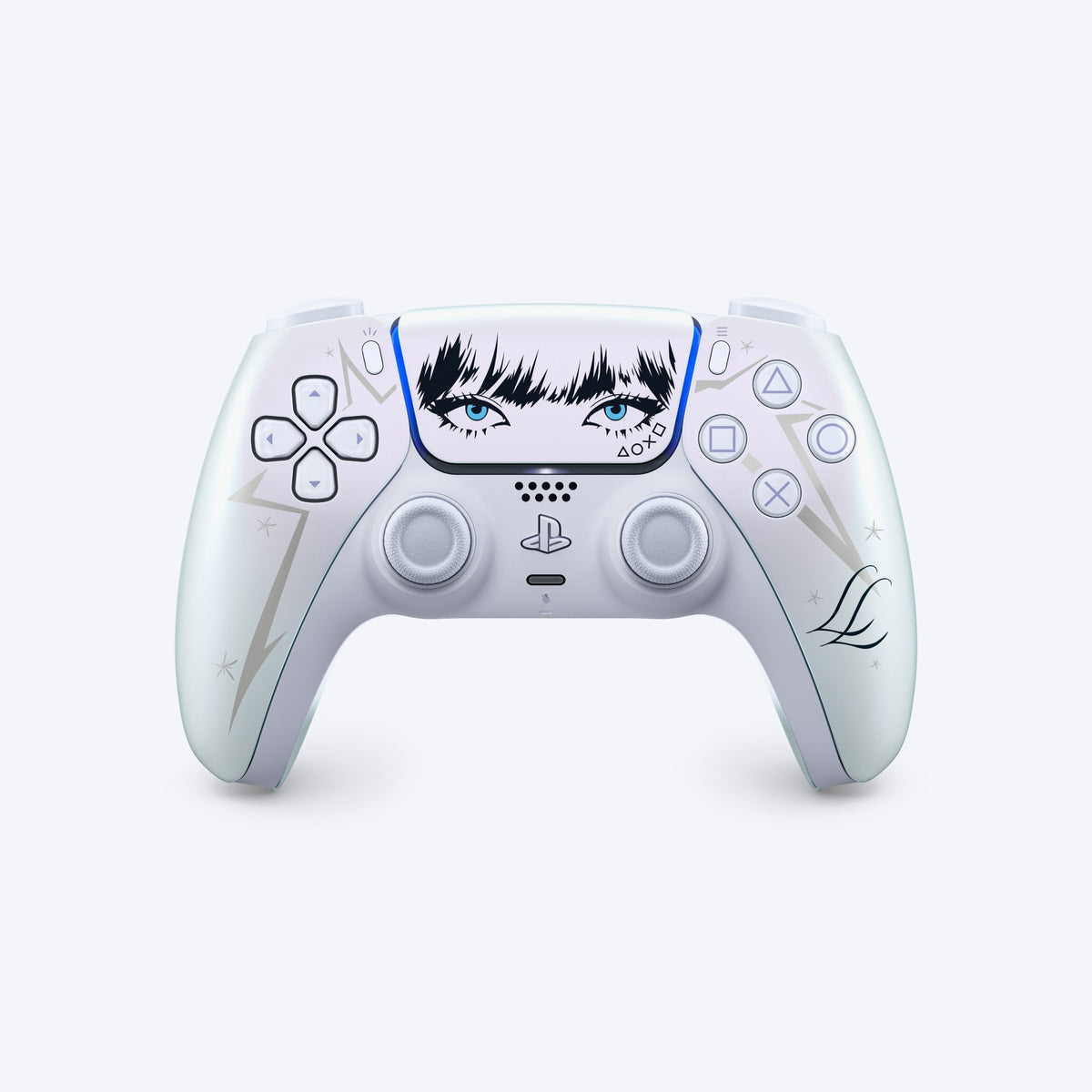 PlayStation 5 controller skin featuring anime-style eyes on the touchpad