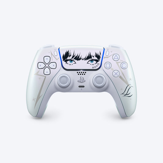 PlayStation 5 controller skin featuring anime-style eyes on the touchpad