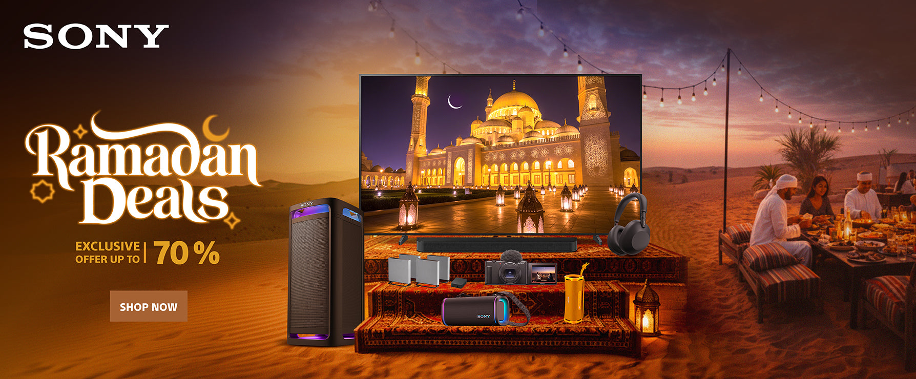 Sony Ramadan Deals advertisement with outdoor setup and mosque in the background