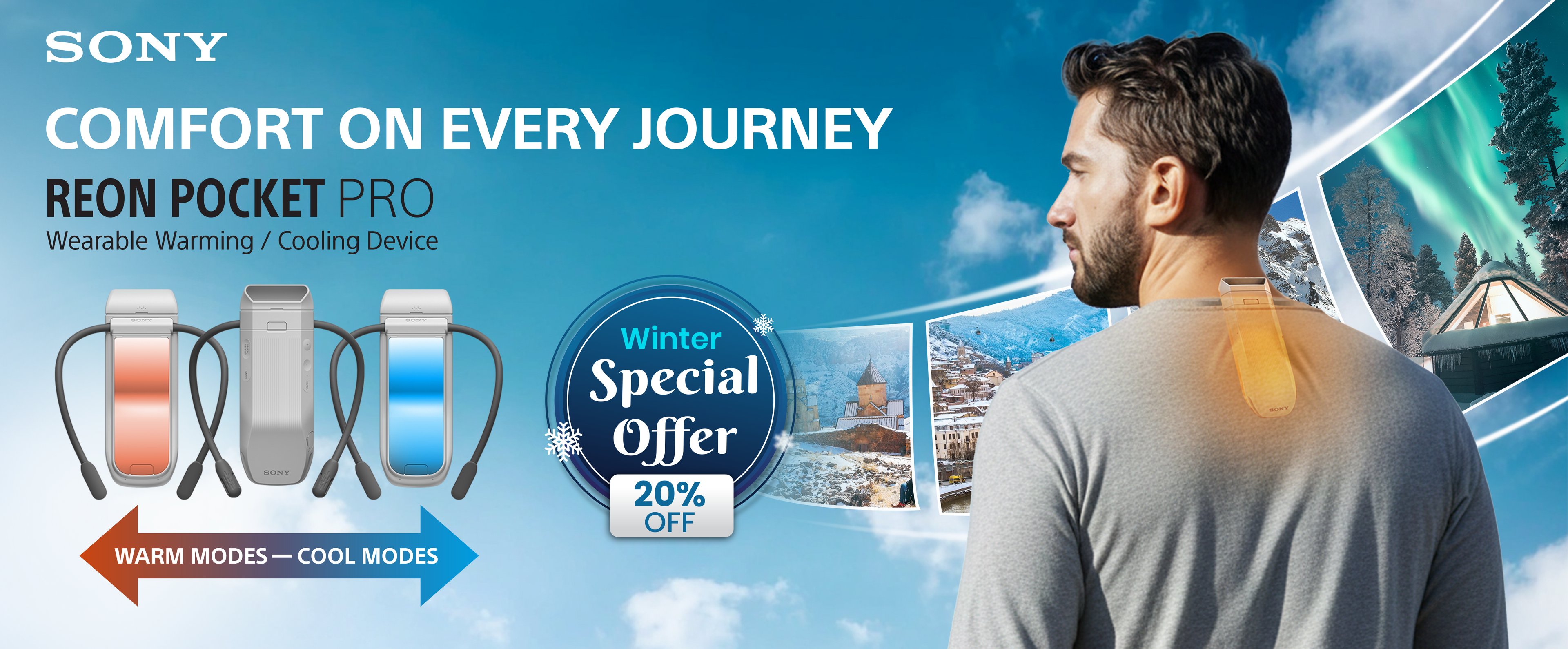 Advertisement for Sony REON Pocket Pro wearable warming/cooling device with a man wearing it, set against a snowy landscape.