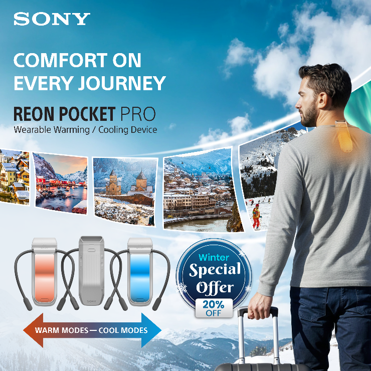 Sony Reon Pocket Pro advertisement with a man walking in a snowy landscape, featuring winter travel images and promotional text.