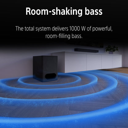 Room-shaking bass system with a subwoofer in a room setting.