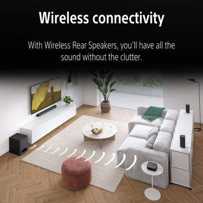 Living room setup with wireless rear speakers and text about wireless connectivity.